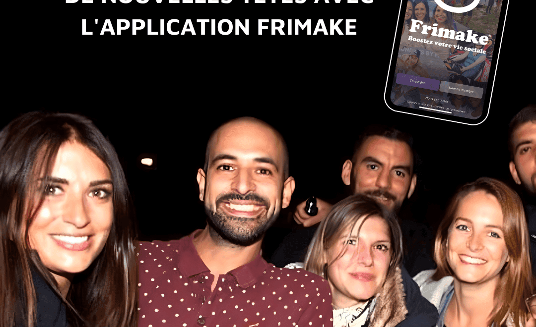 Groupe utilisant une application de rencontre amicale Frimake sur son smartphone.